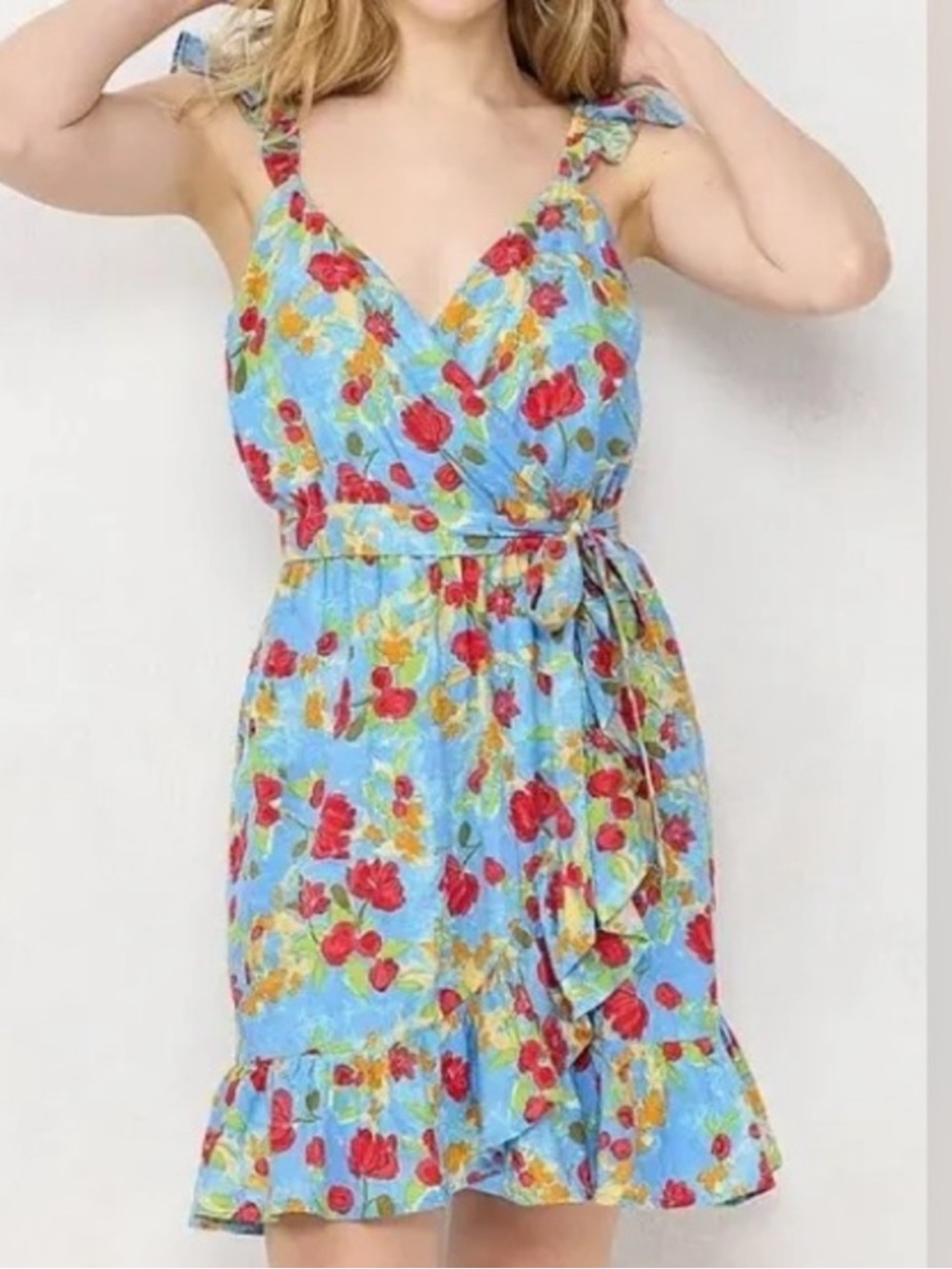 LC Lauren Conrad Floral Print Faux-Wrap Dress Cotton Mix Blue Size XXL